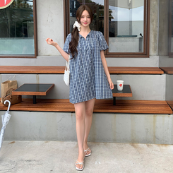 ミニワンピース (カジュアル&ラブリームード*/バケーションコーデおすすめ)ルエンナ バルーンチェックミニワンピース NAVY