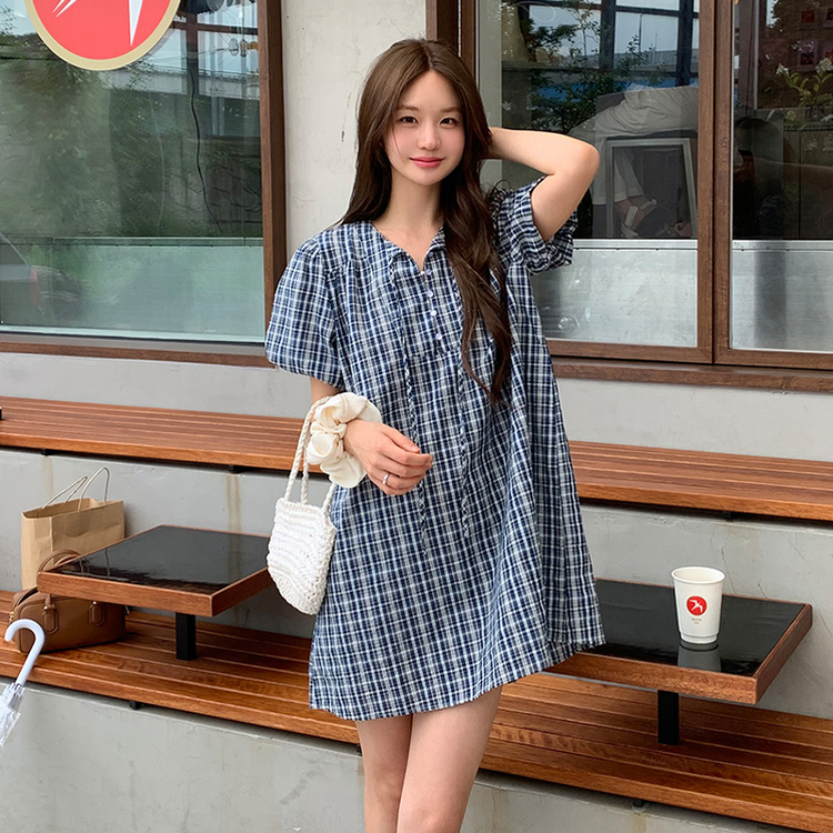 （カジュアル＆ラブリームード*/バケーションコーデおすすめ）ルエンナ バルーンチェックミニワンピース NAVY