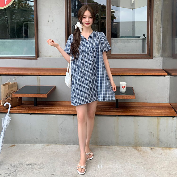 （カジュアル＆ラブリームード*/バケーションコーデおすすめ）ルエンナ バルーンチェックミニワンピース NAVY