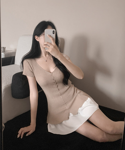 ミニワンピース Vネックロング半袖カーディガン BEIGE