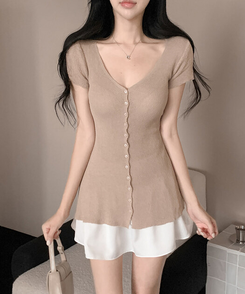 ミニワンピース Vネックロング半袖カーディガン BEIGE