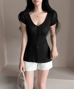 ミニワンピース Vネックロング半袖カーディガン BLACK