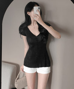 ミニワンピース Vネックロング半袖カーディガン BLACK