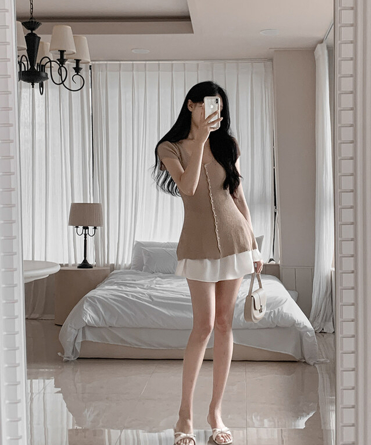 Vネックロング半袖カーディガン BEIGE