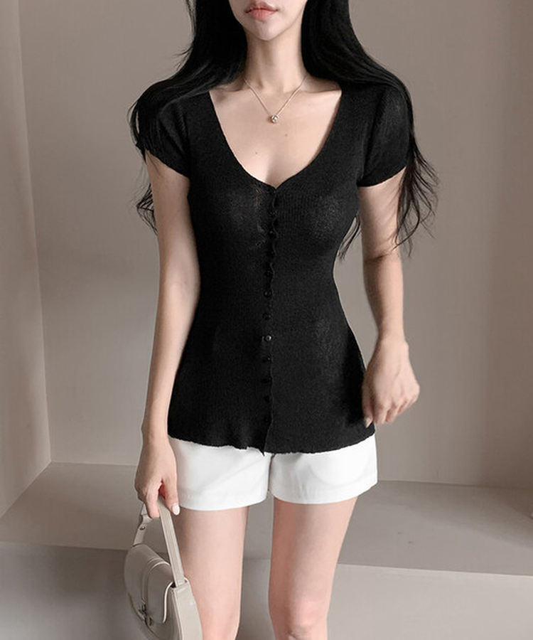 Vネックロング半袖カーディガン BLACK