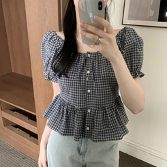 ブラウス チェックオフショルダーブラウス NAVY