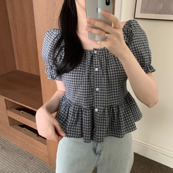 ブラウス チェックオフショルダーブラウス NAVY