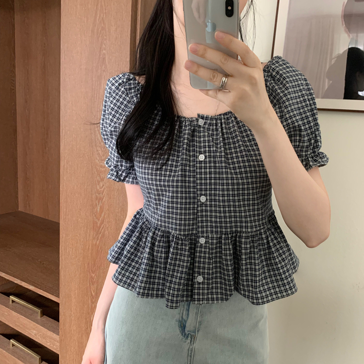 チェックオフショルダーブラウス NAVY