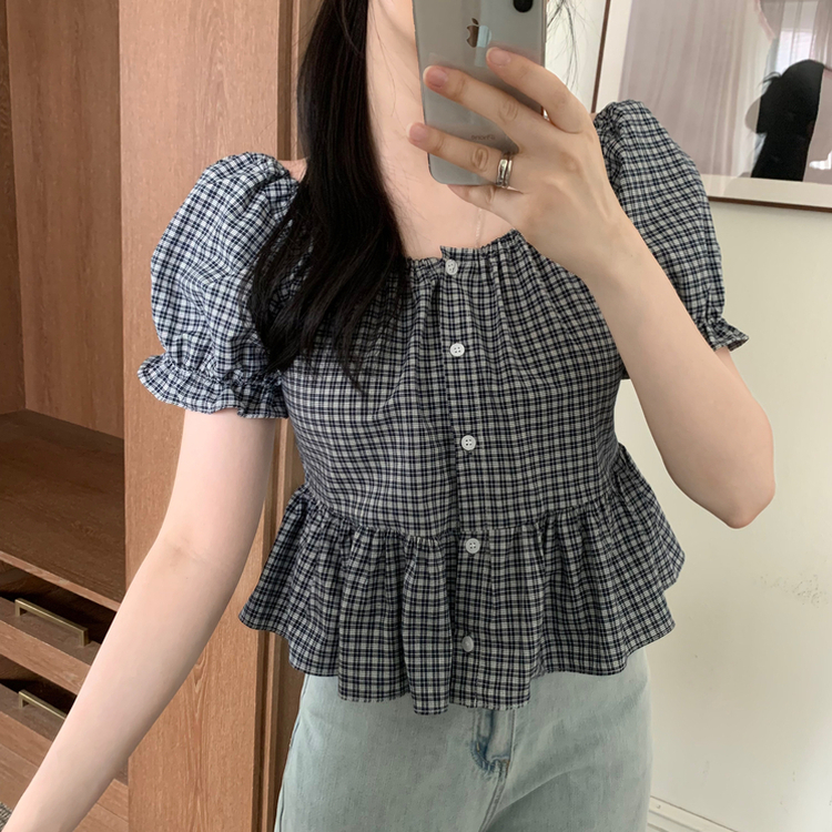 チェックオフショルダーブラウス NAVY