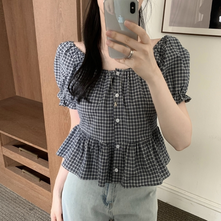 チェックオフショルダーブラウス NAVY