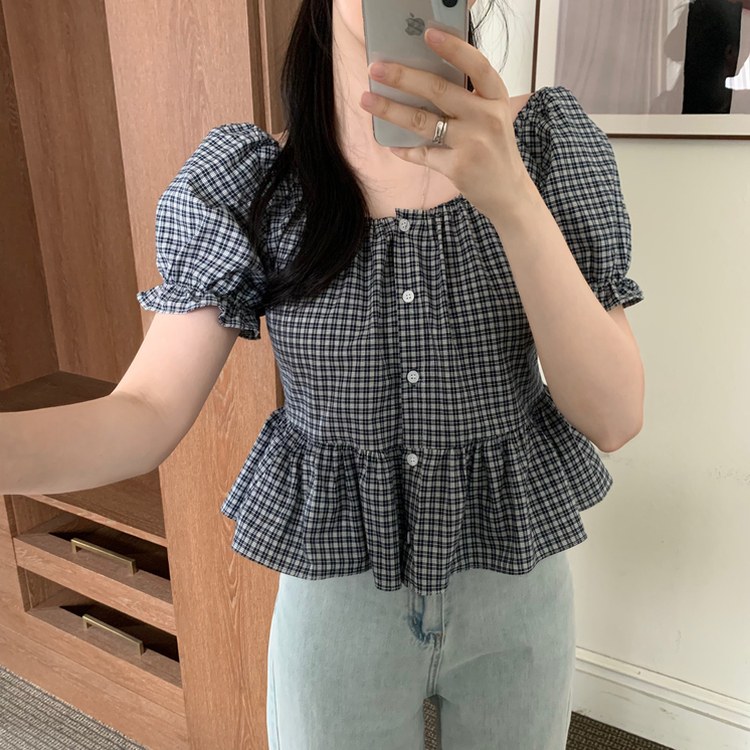 チェックオフショルダーブラウス NAVY
