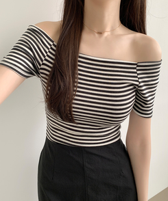 半袖Tシャツ ストライプオフショルダー半袖Tシャツ IVORY