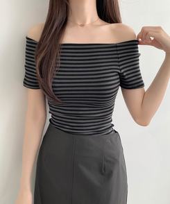 半袖Tシャツ ストライプオフショルダー半袖Tシャツ CHARCOAL