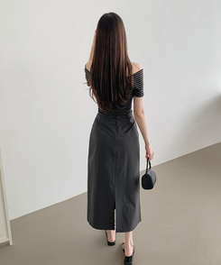半袖Tシャツ ストライプオフショルダー半袖Tシャツ CHARCOAL