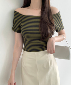 半袖Tシャツ ストライプオフショルダー半袖Tシャツ KHAKI