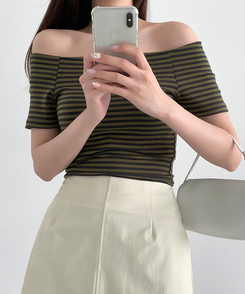 半袖Tシャツ ストライプオフショルダー半袖Tシャツ KHAKI
