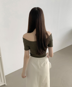 半袖Tシャツ ストライプオフショルダー半袖Tシャツ KHAKI