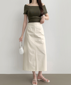 半袖Tシャツ ストライプオフショルダー半袖Tシャツ KHAKI