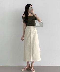 半袖Tシャツ ストライプオフショルダー半袖Tシャツ KHAKI
