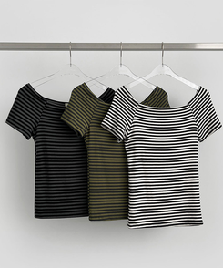 半袖Tシャツ ストライプオフショルダー半袖Tシャツ