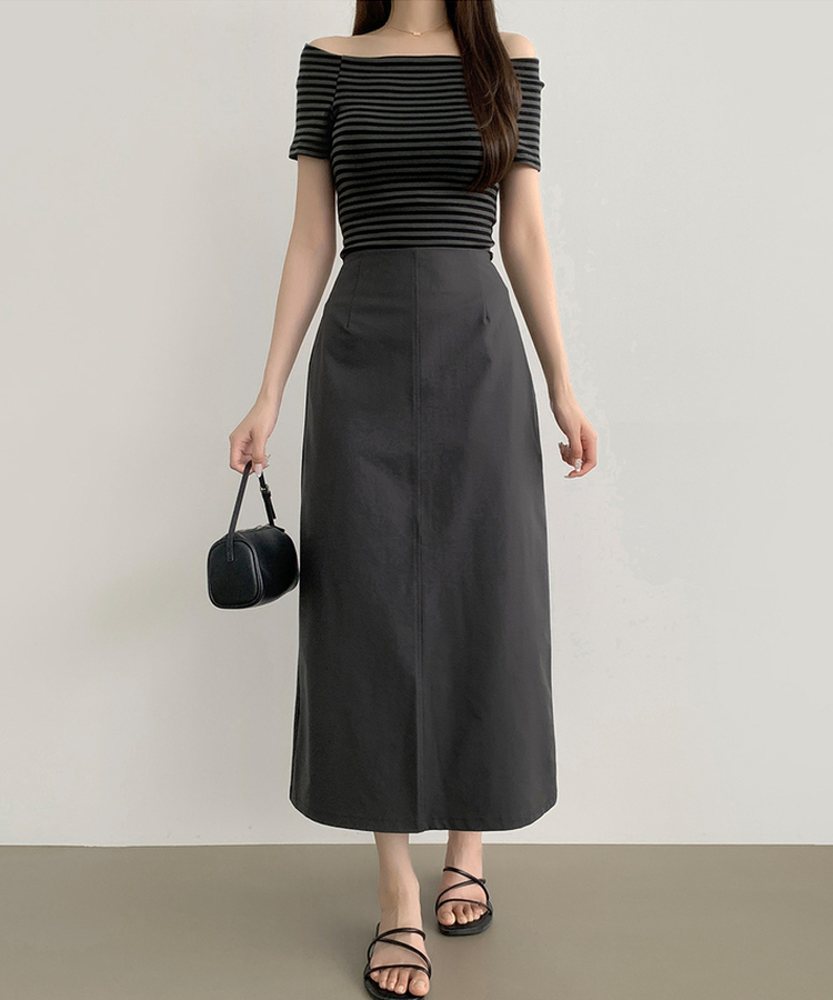 ストライプオフショルダー半袖Tシャツ CHARCOAL
