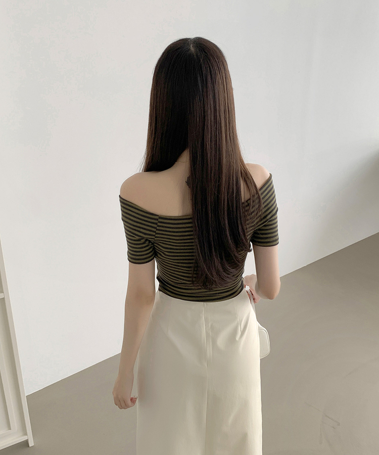ストライプオフショルダー半袖Tシャツ KHAKI