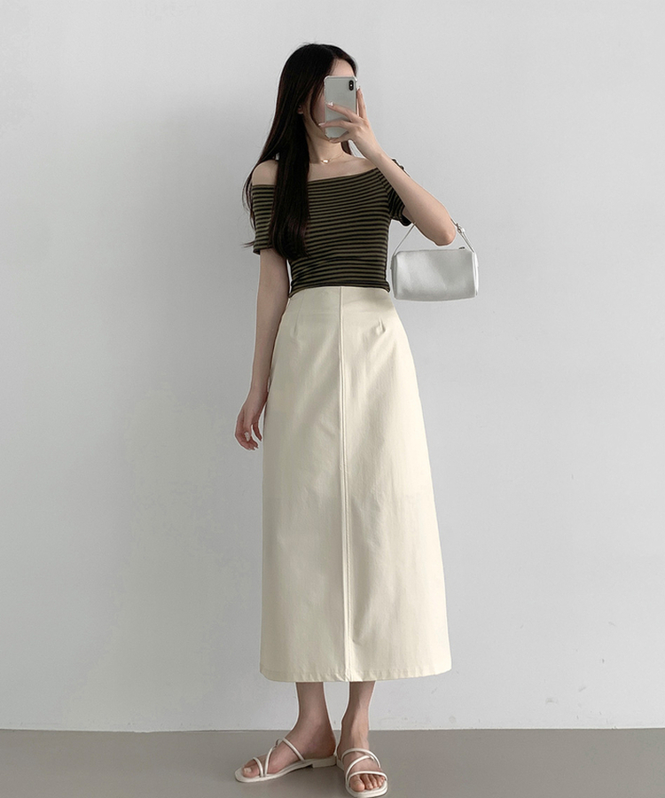 ストライプオフショルダー半袖Tシャツ KHAKI