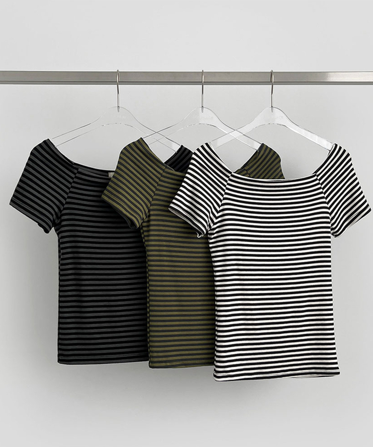 ストライプオフショルダー半袖Tシャツ