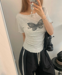 半袖Tシャツ バタフライウェーブオフTシャツ MELANGE