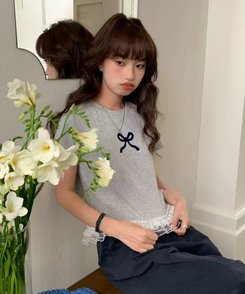 半袖Tシャツ リボンフリル半袖Tシャツ GREY