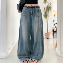 デニム ウォッシングバルーンハイウエストデニムパンツ MID DENIM