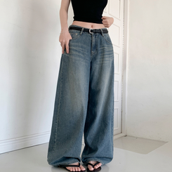 デニム ウォッシングバルーンハイウエストデニムパンツ MID DENIM