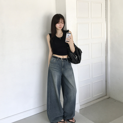 デニム ウォッシングバルーンハイウエストデニムパンツ MID DENIM