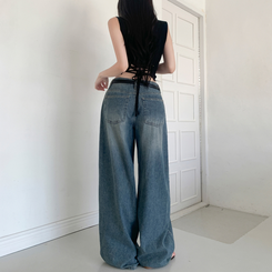 デニム ウォッシングバルーンハイウエストデニムパンツ MID DENIM
