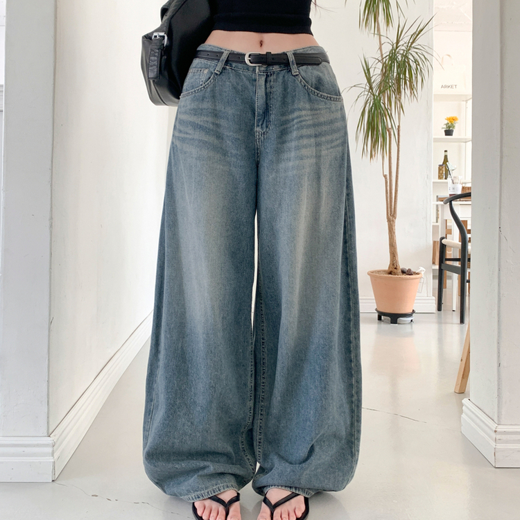 ウォッシングバルーンハイウエストデニムパンツ MID DENIM