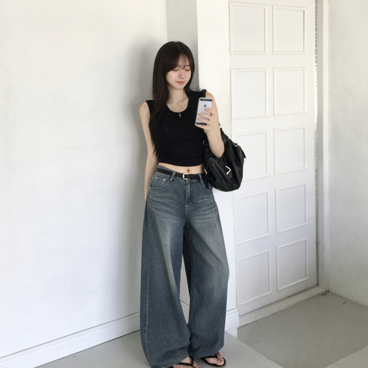 ウォッシングバルーンハイウエストデニムパンツ MID DENIM