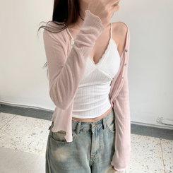 カーディガン Vネックボタンシースルーカーディガン(6color) PINK