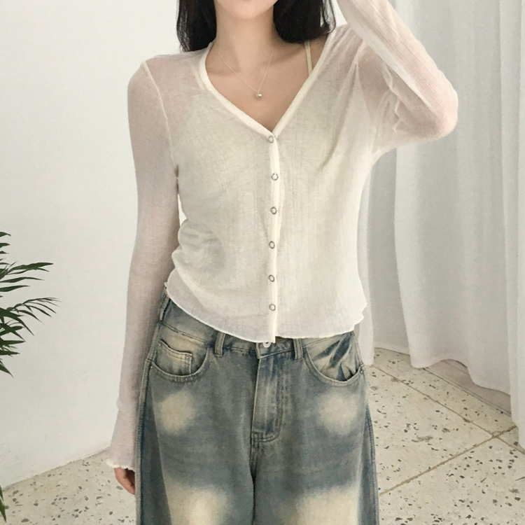 Vネックボタンシースルーカーディガン(6color) IVORY