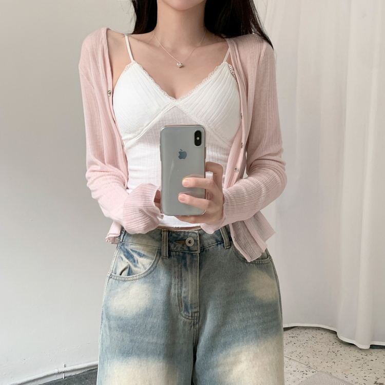 Vネックボタンシースルーカーディガン(6color) PINK