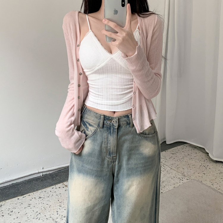Vネックボタンシースルーカーディガン(6color) PINK