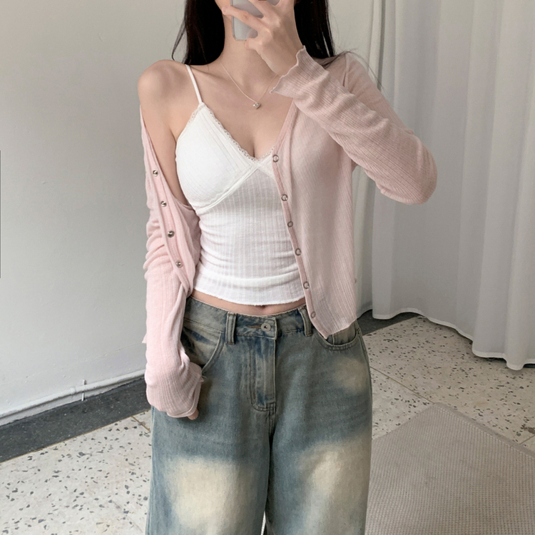 Vネックボタンシースルーカーディガン(6color) PINK