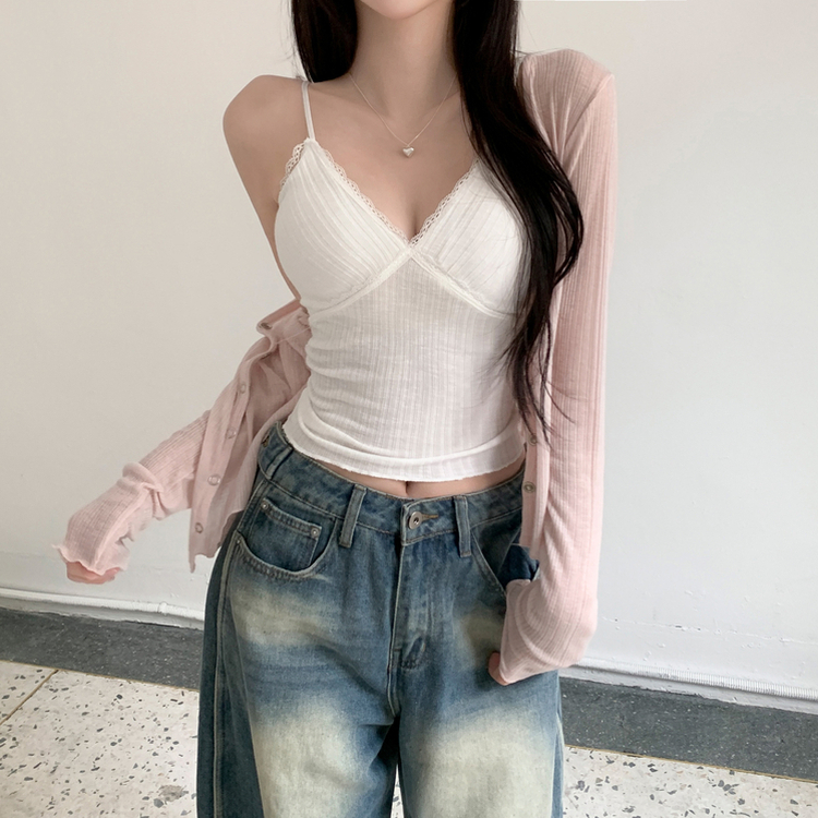 Vネックボタンシースルーカーディガン(6color) PINK
