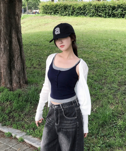 ノースリーブ 【カップ付き】レイヤードボタンスリムキャミソール NAVY