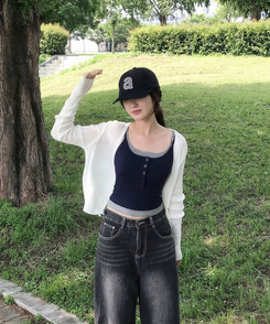 ノースリーブ 【カップ付き】レイヤードボタンスリムキャミソール NAVY