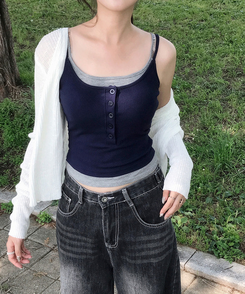 ノースリーブ 【カップ付き】レイヤードボタンスリムキャミソール NAVY