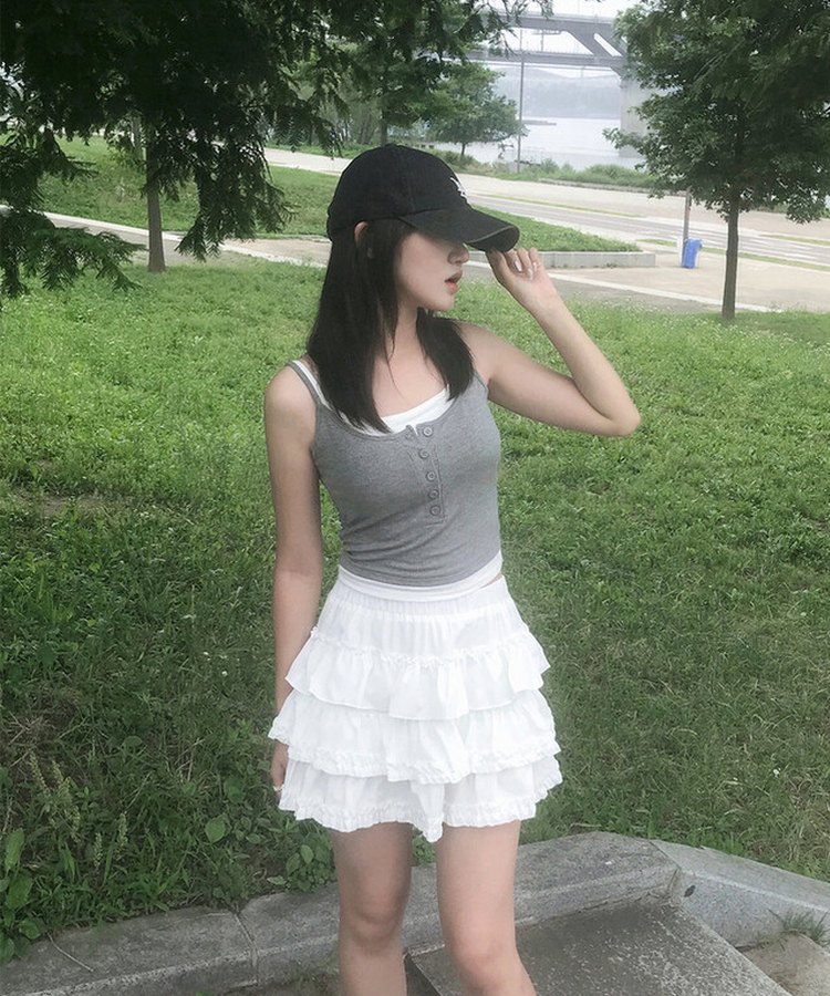 【カップ付き】レイヤードボタンスリムキャミソール MERANGE GRAY