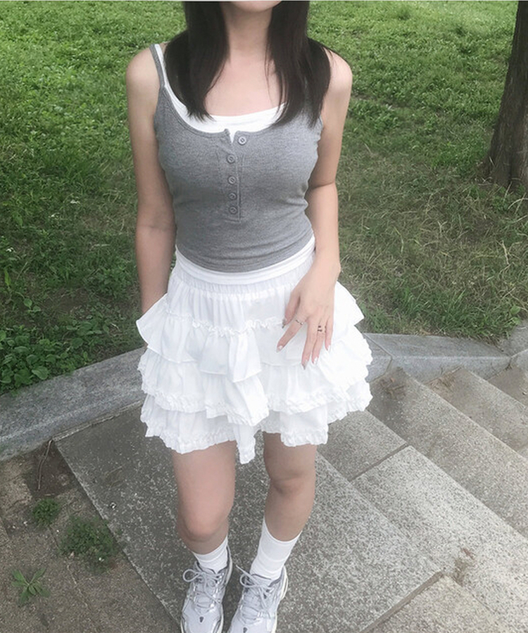 【カップ付き】レイヤードボタンスリムキャミソール MERANGE GRAY