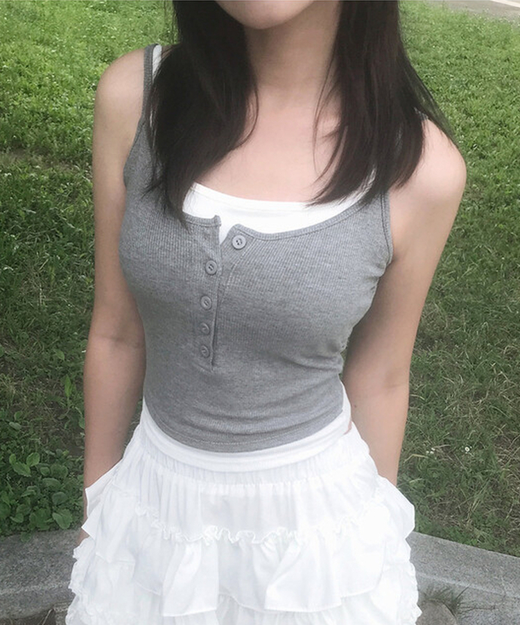 【カップ付き】レイヤードボタンスリムキャミソール MERANGE GRAY