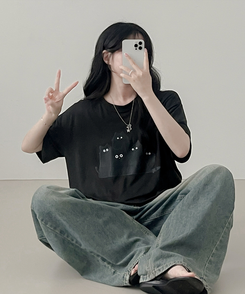 半袖Tシャツ キャットファミリー半袖Tシャツ BLACK