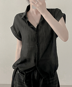 シャツ ロールアップシースルー半袖シャツ BLACK